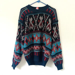 BKI Knits VINTAGE Sweater Mens Medium Blue Red Patterned Eclectic Grandpa USA